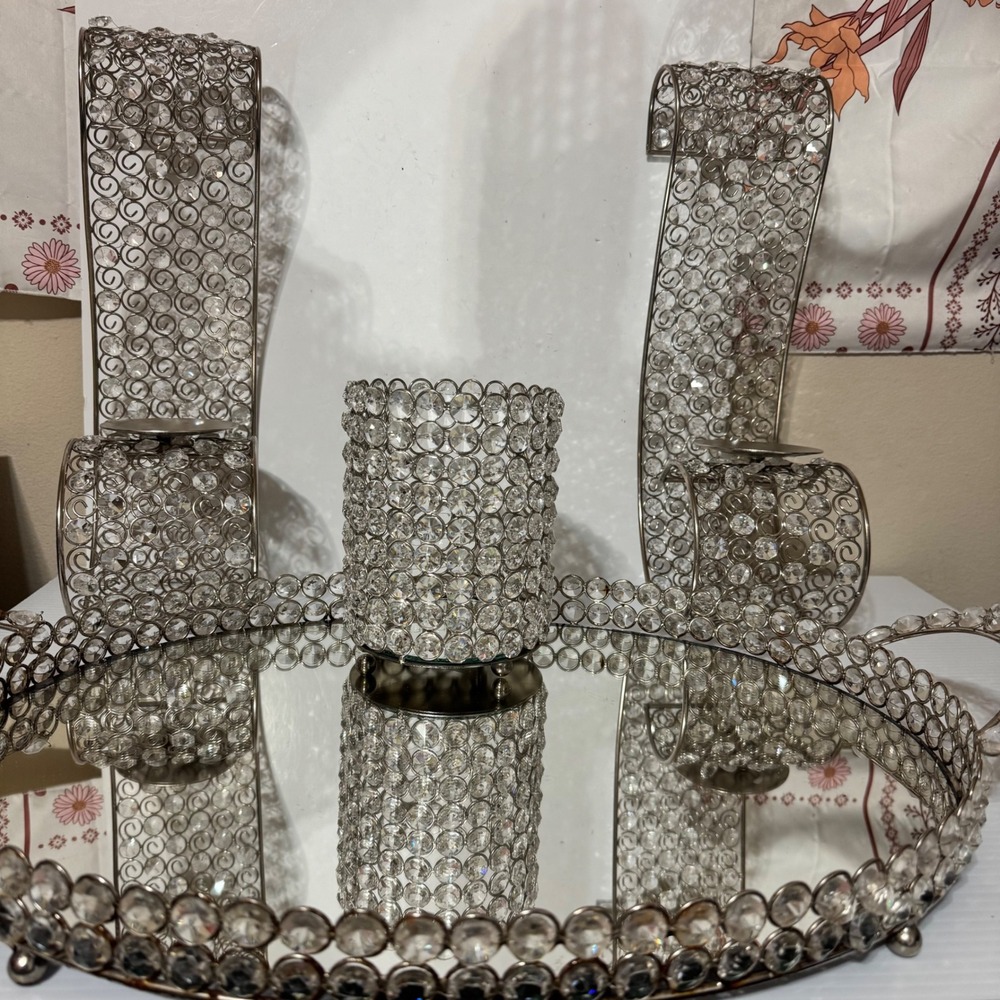 4 Pc Crystal Rhinestone Mirrored Tray Candle Holder Glam Decor Set